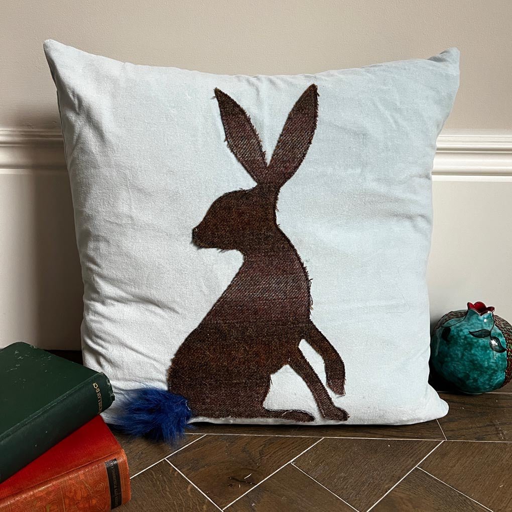 Harriet the Hare Cotton Velvet Cushion with Islay Tweed Easter Gift Easter Bunny Sky Blue - Wildash London