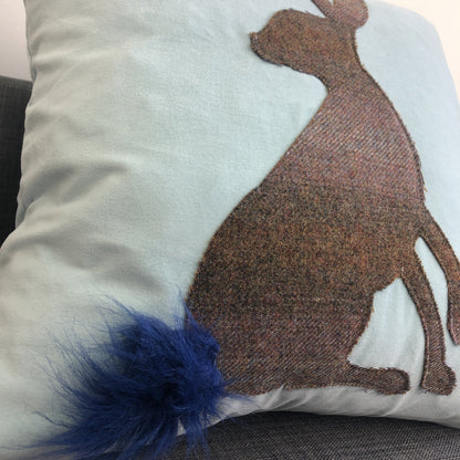 Harriet the Hare Cotton Velvet Cushion with Islay Tweed Easter Gift Easter Bunny Sky Blue - Wildash London