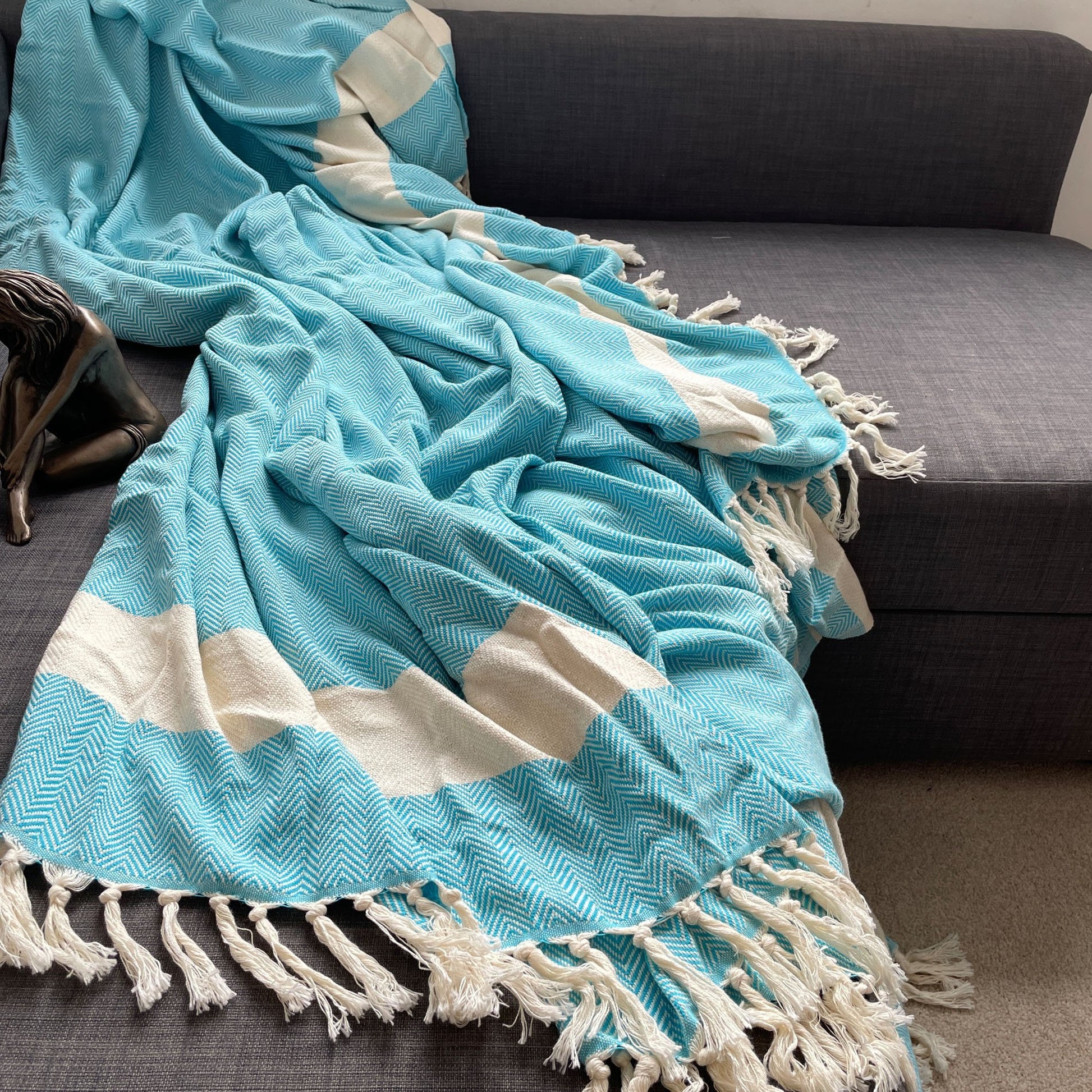 Harrington XL Cotton Bed Throw Teal Herringbone – Wildash London