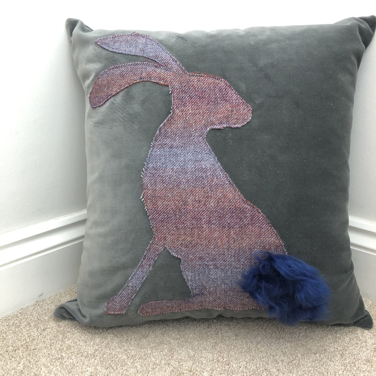 Henry the Hare Lop Ear Cotton Velvet Cushion with Islay Tweed Easter Gift Easter Bunny Slate Blue - Wildash London