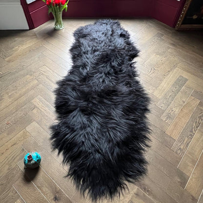 Icelandic Sheepskin Long Fur Rug 100% Natural Black Runner | Double Back to Back IN STOCK - Wildash London