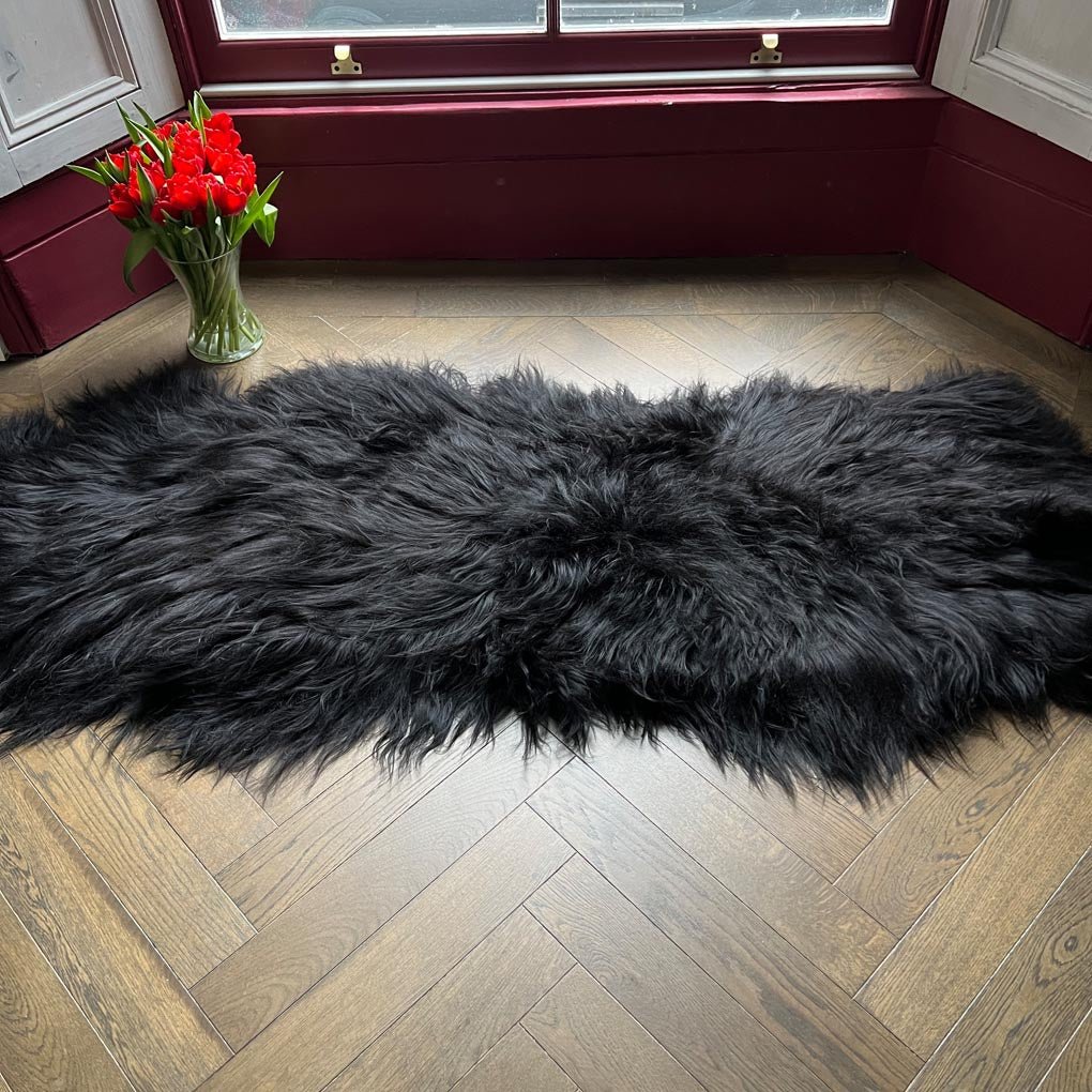 Icelandic Sheepskin Long Fur Rug 100% Natural Black Runner | Double Back to Back IN STOCK - Wildash London
