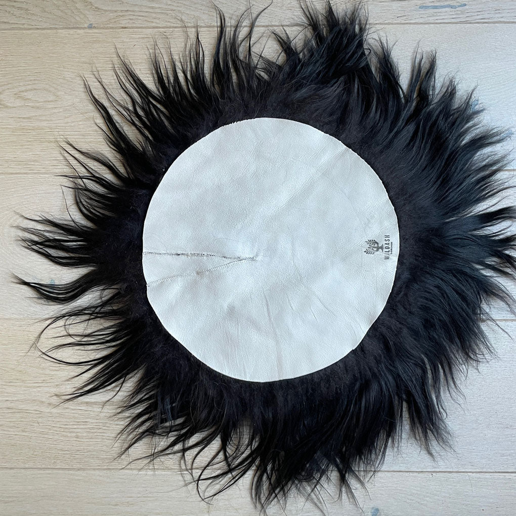 Icelandic Sheepskin Roundie Seat Cover Natural Black Long Fur 35cm - Wildash London