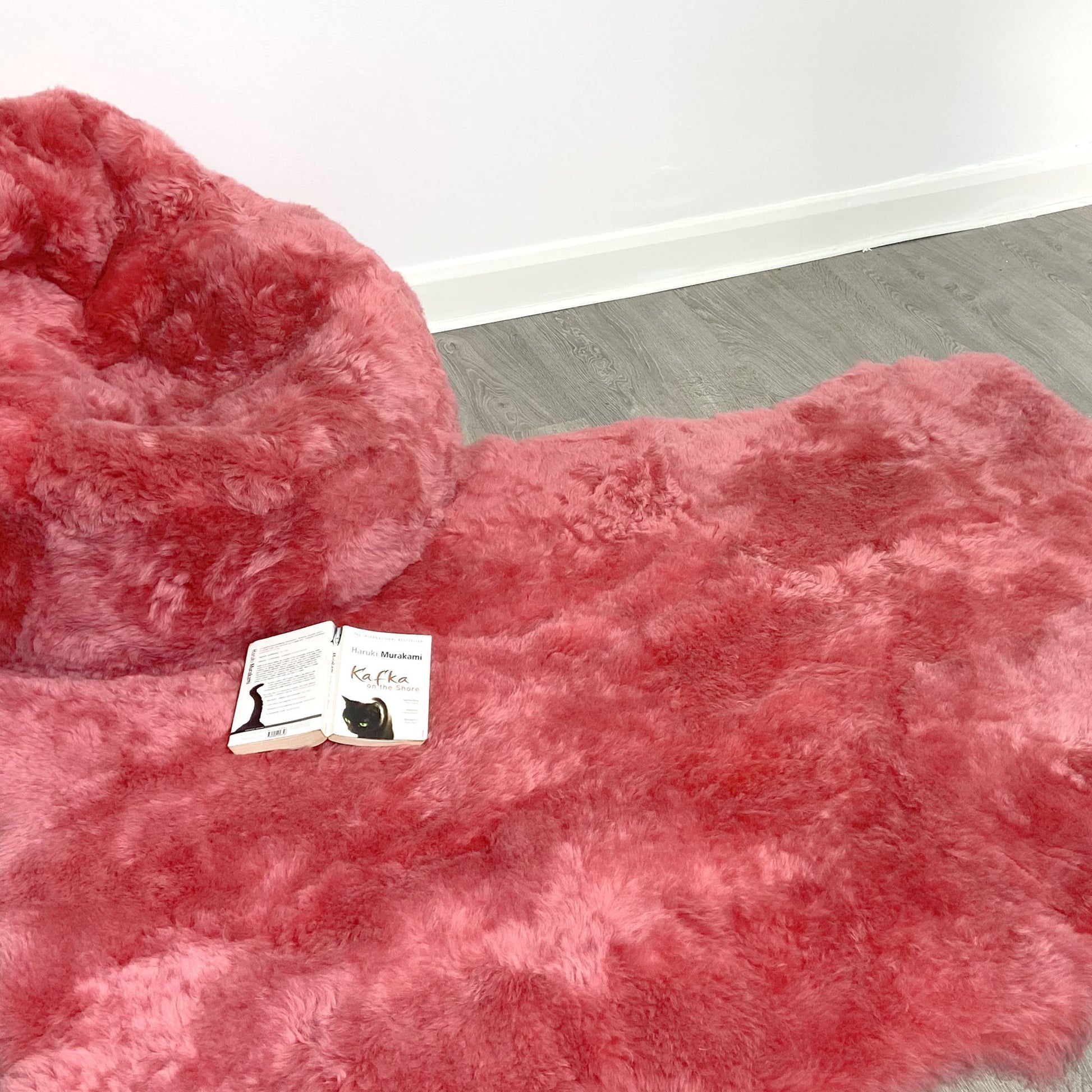 Icelandic Shorn Sheepskin Beanbag & Throw Set - Coral Pink Natural Edges Rectangular Stunning Soft Rug and Bean bag - Wildash London