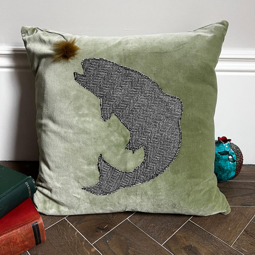 Leaping Salmon Islay Tweed Countryside Cushion | Sage Green Velvet - Wildash London