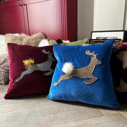 Leaping Stag Islay Tweed Countryside Cushion | Bordeaux Red Velvet - Wildash London