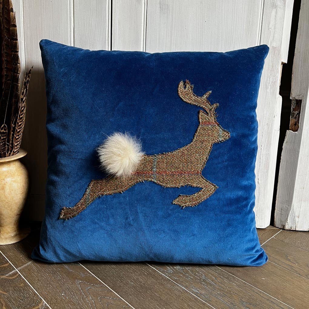 Leaping Stag Islay Tweed Countryside Cushion | Royal Blue Velvet - Wildash London