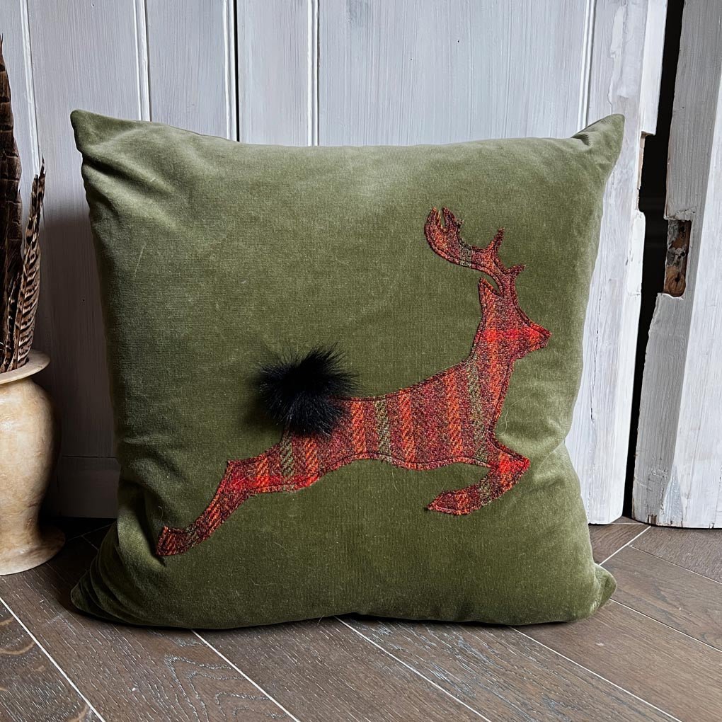 Leaping Stag Islay Tweed Countryside Cushion | Sage Green Velvet - Wildash London