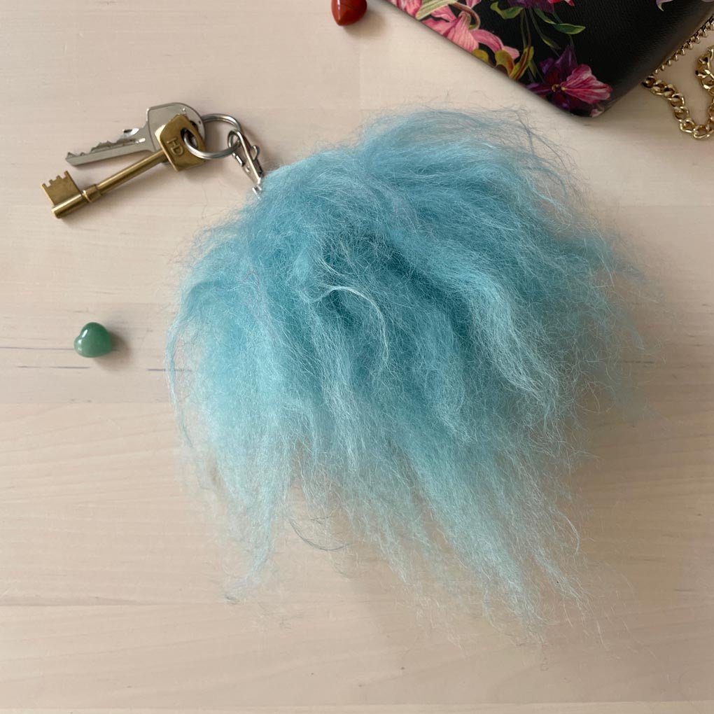 Pom Pom Bag Charm Key Ring 100 Sheepskin Turquoise Wildash London