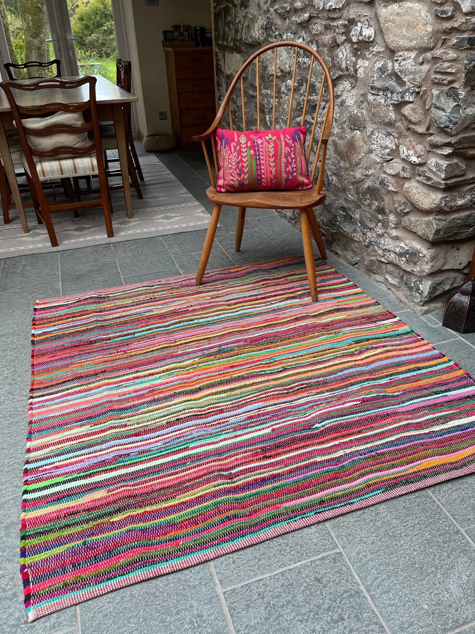 RAINBOW Rug Outdoor and Indoor Multicolour Flat Weave Style | 120cm x 180cm - Wildash London