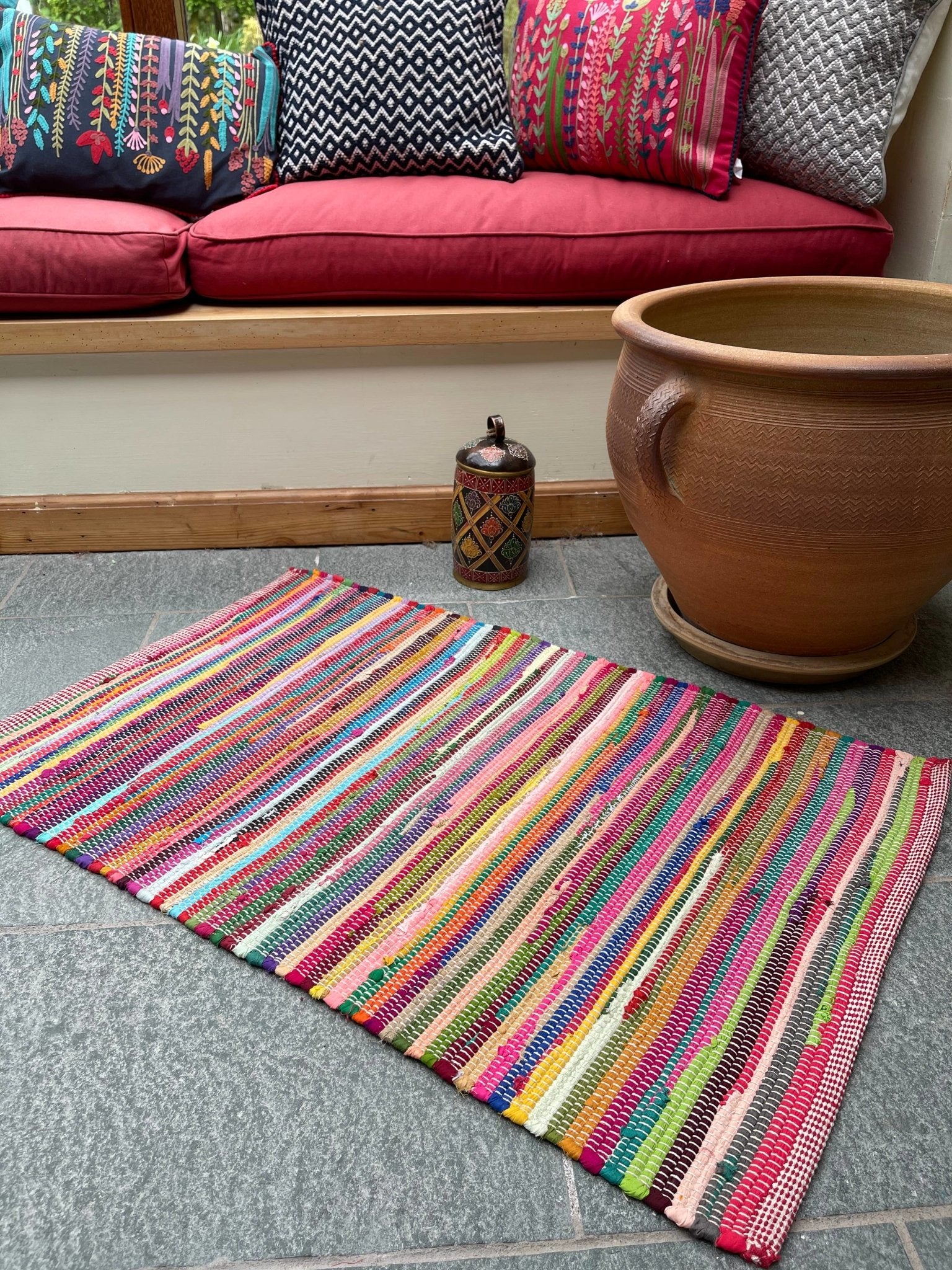 RAINBOW Rug Outdoor and Indoor Multicolour Flat Weave Style | 60cm x 90cm - Wildash London