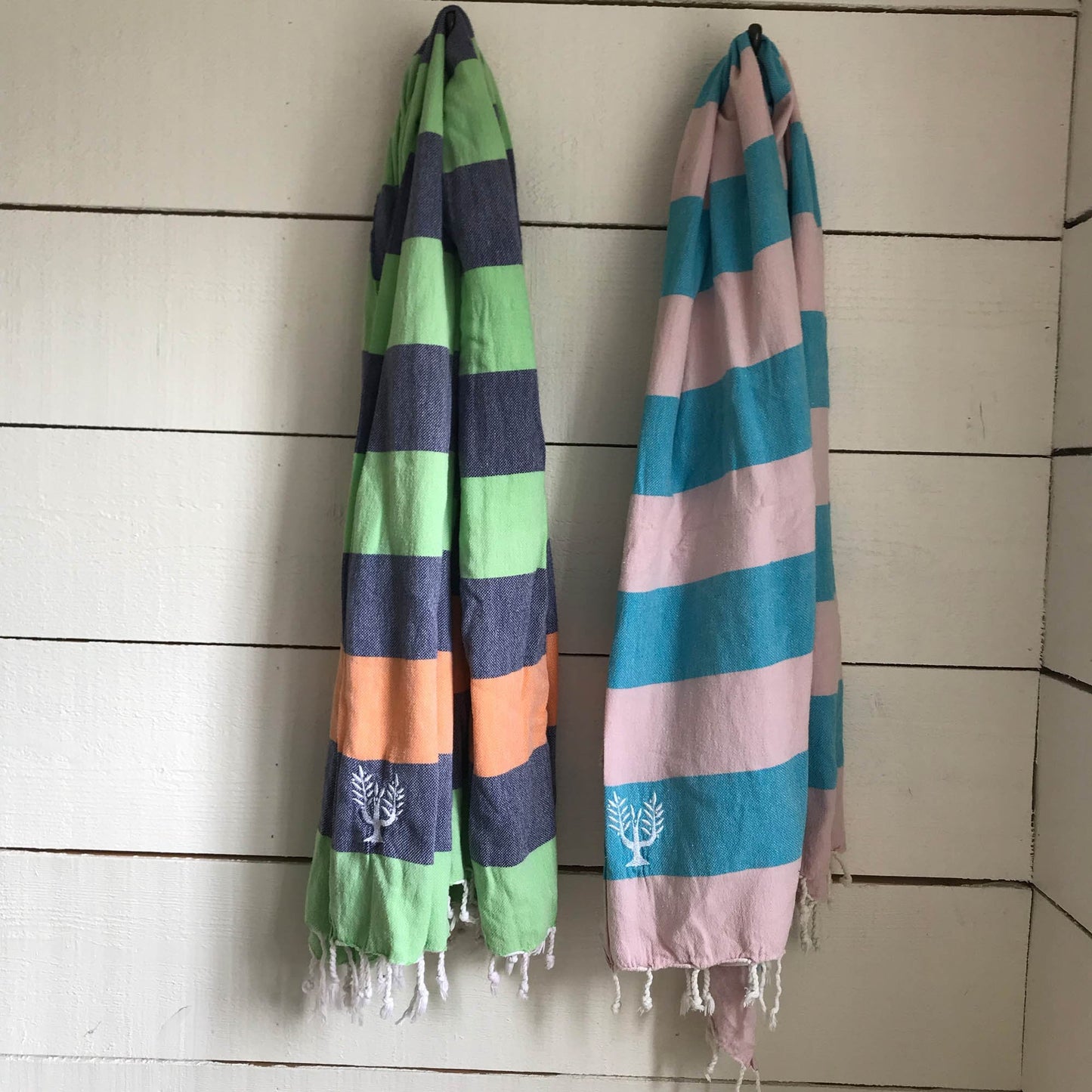 Riviera Hammam Towel Navy Mint Orange Stripe - Wildash London