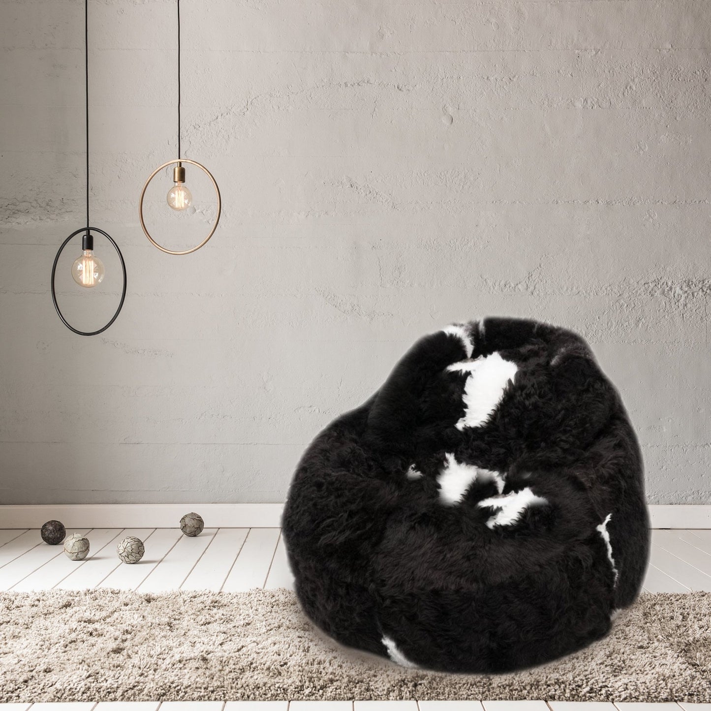Sheepskin Beanbag Chair Icelandic Shorn Black with White Spots - Large - Wildash London