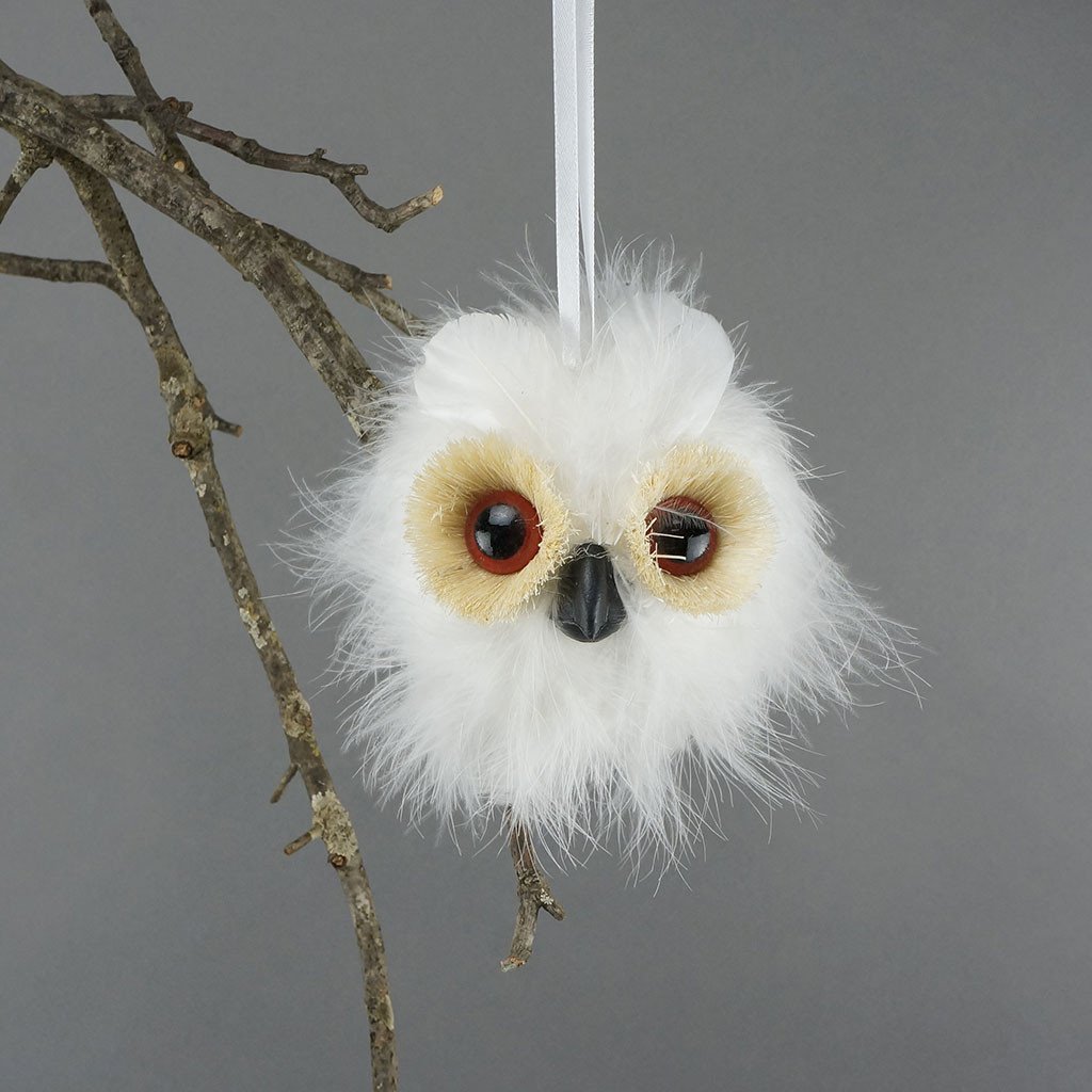 Snowy Feather Owl Ball Ornament - Wildash London