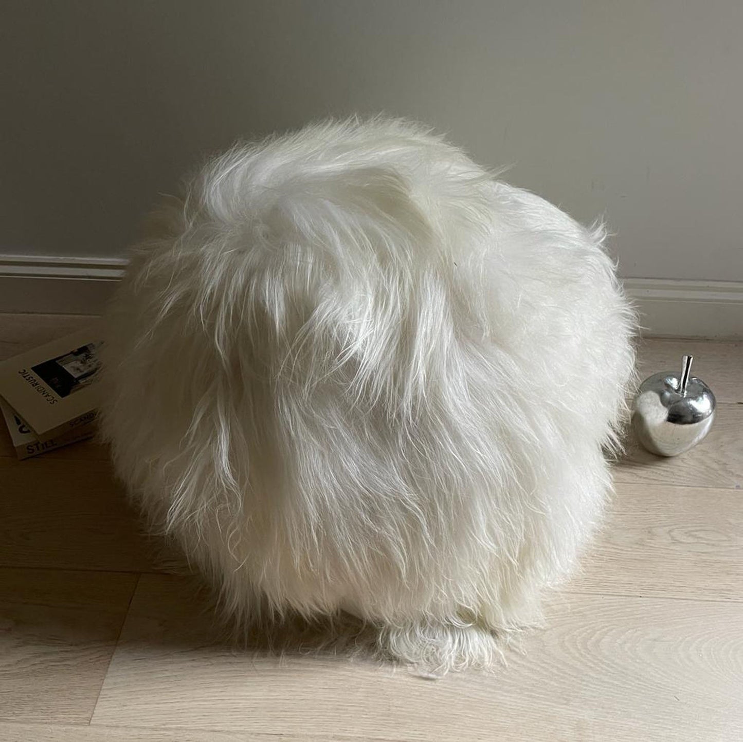 The Boule Icelandic Sheepskin Pouffe Long Fur - White - Wildash London