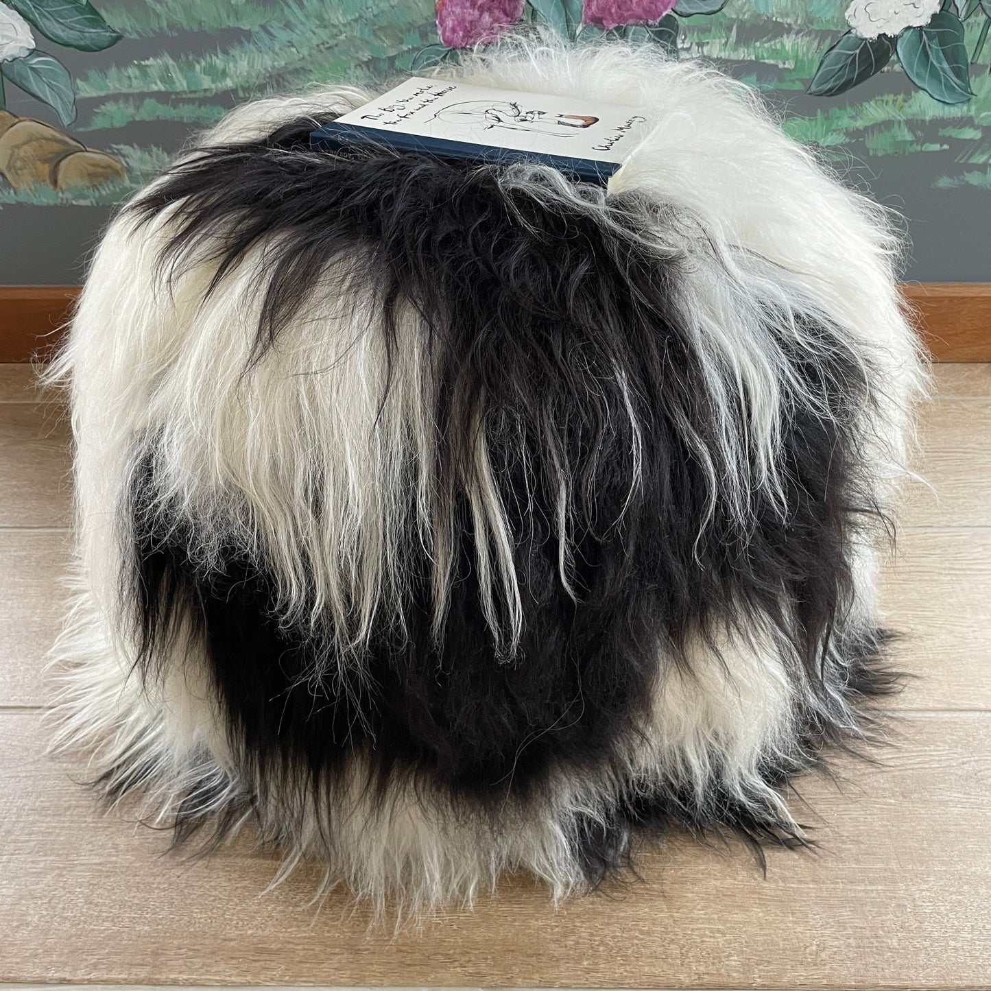 The Boule Icelandic Sheepskin Pouffe Long Fur - White Spotted Black - Wildash London