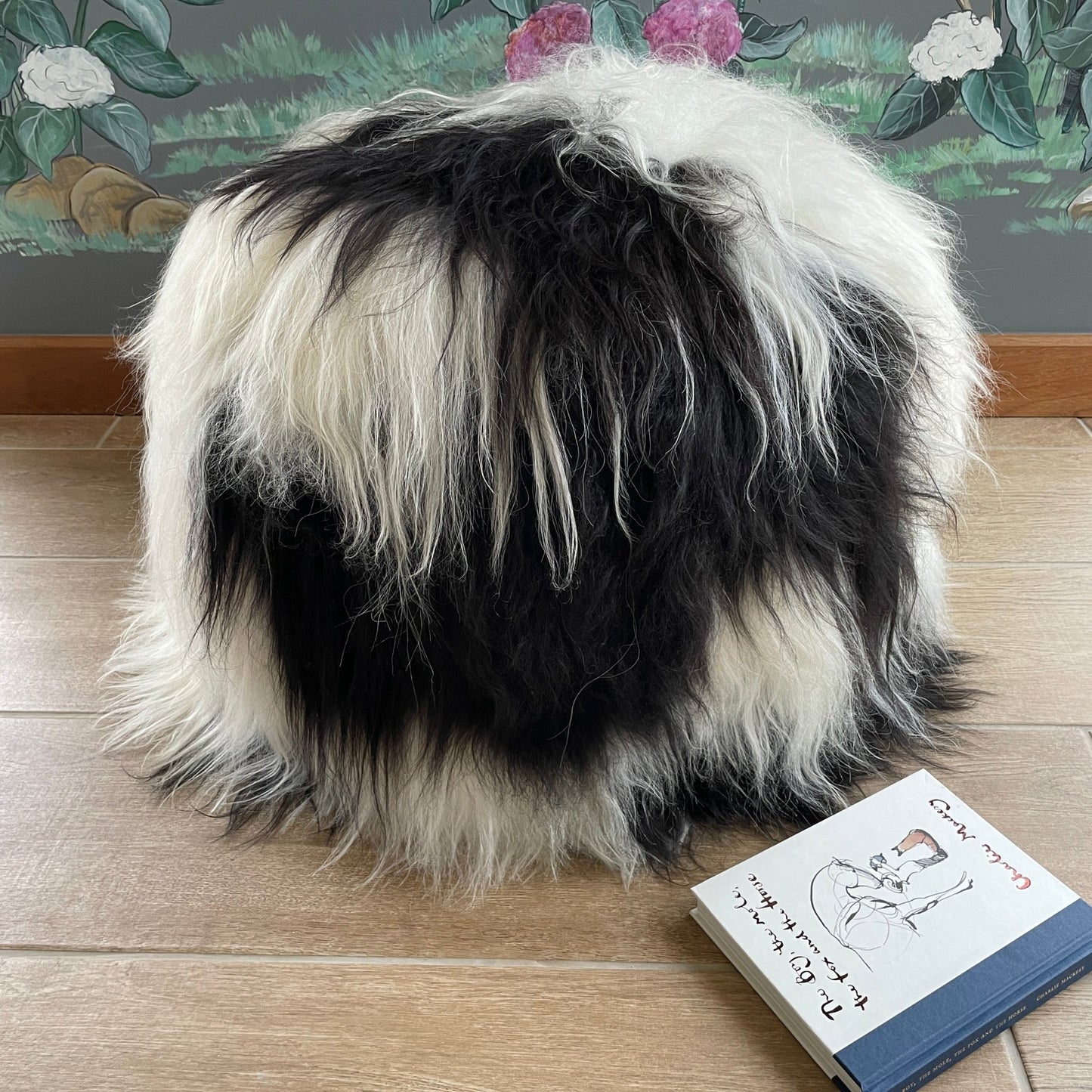 The Boule Icelandic Sheepskin Pouffe Long Fur - White Spotted Black - Wildash London