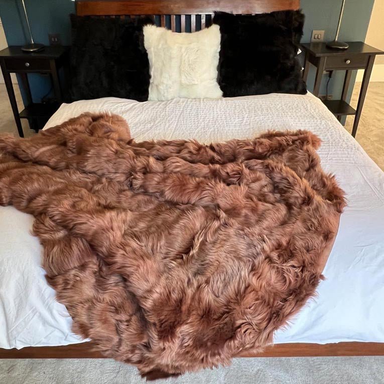 Toscana Shearling Throw Burnt Caramel | Shearling Rug | Fur Blanket 140cm x 150cm - Wildash London