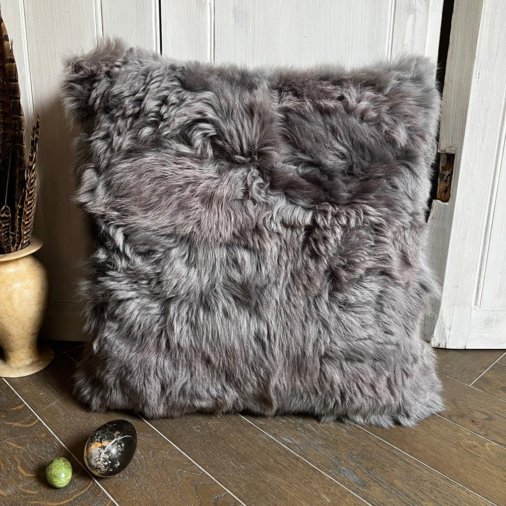 Tuscan Shearling Cushion Square 45cm Silver Grey & Black Merino Wool - Wildash London