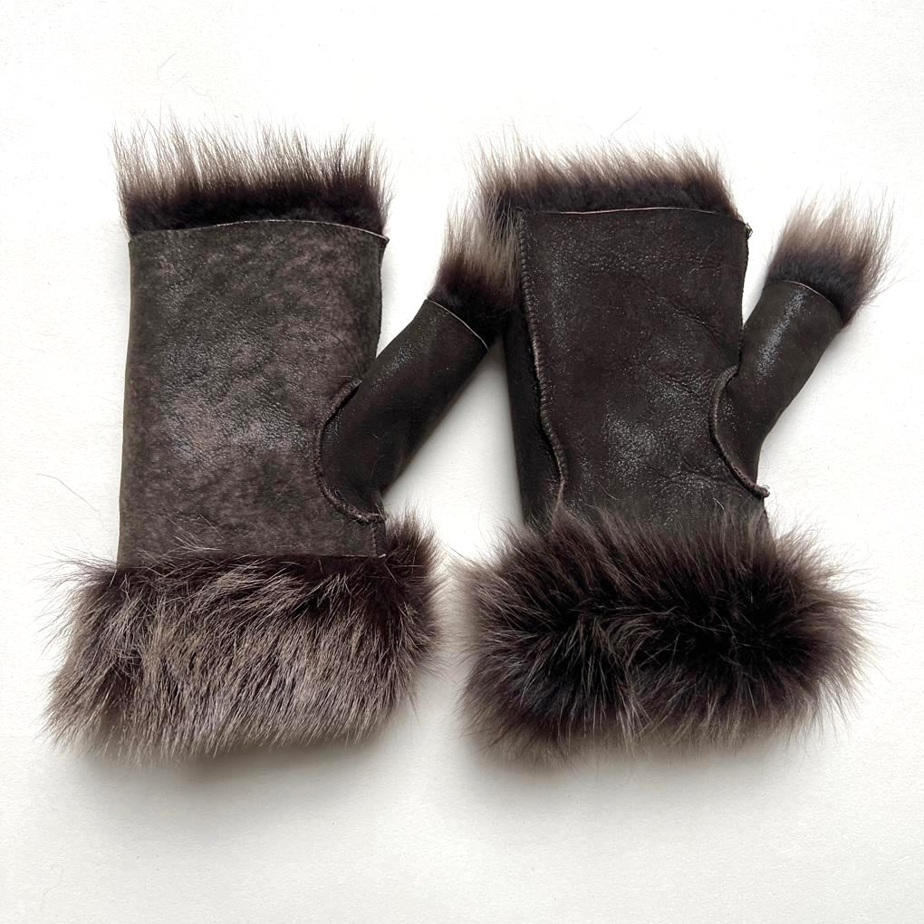 Tuscan Shearling Fingerless Reversible Sheepskin Gloves | Long Cuff | Distressed Brown - Wildash London