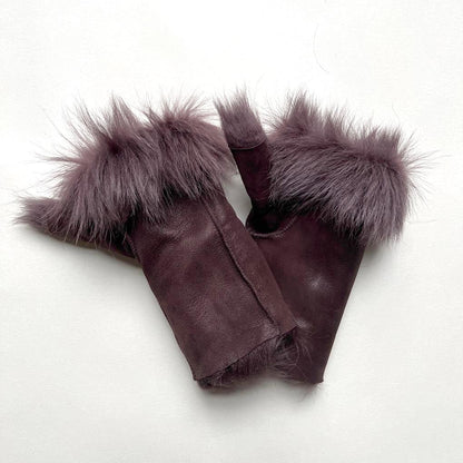 Tuscan Shearling Fingerless Reversible Sheepskin Gloves | Long Cuff | Plum - Wildash London