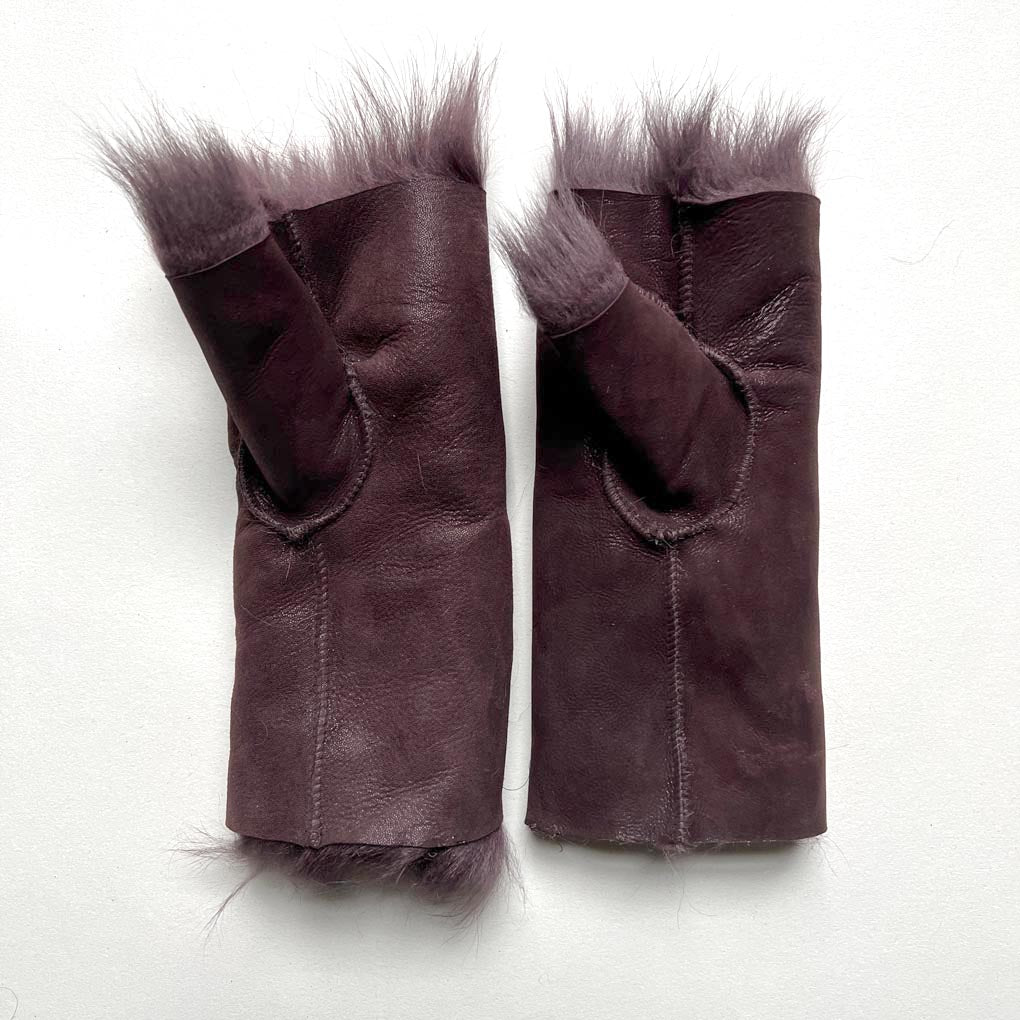Tuscan Shearling Fingerless Reversible Sheepskin Gloves | Long Cuff | Plum - Wildash London
